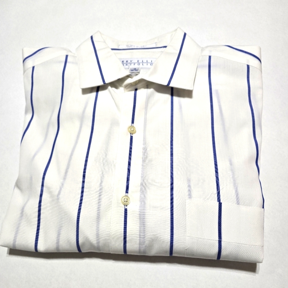 Men's White and Blue Striped Dress Shirt